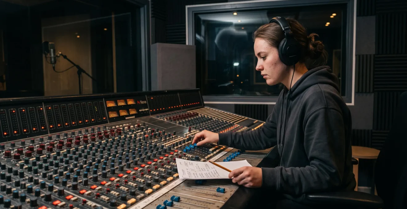 Un étudiant en son règle une console de mixage avec un casque dans un studio d'enregistrement insonorisé.