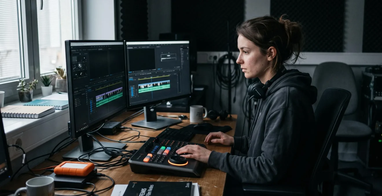Une étudiante monte une vidéo sur une station de travail à double écran dans une salle de post-production sombre.